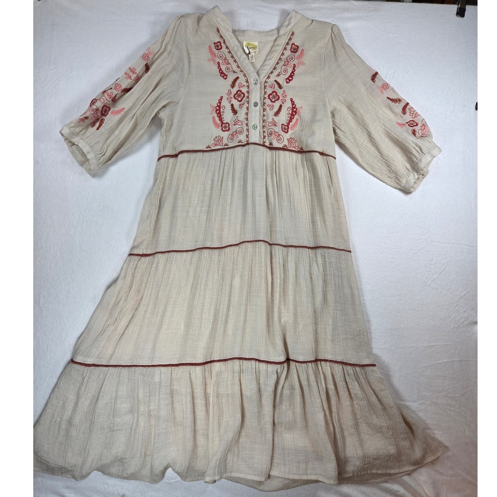 Fig and Flower Cream Tiered Pink Embroidered Flowy Dress Sz XL Button Bodice